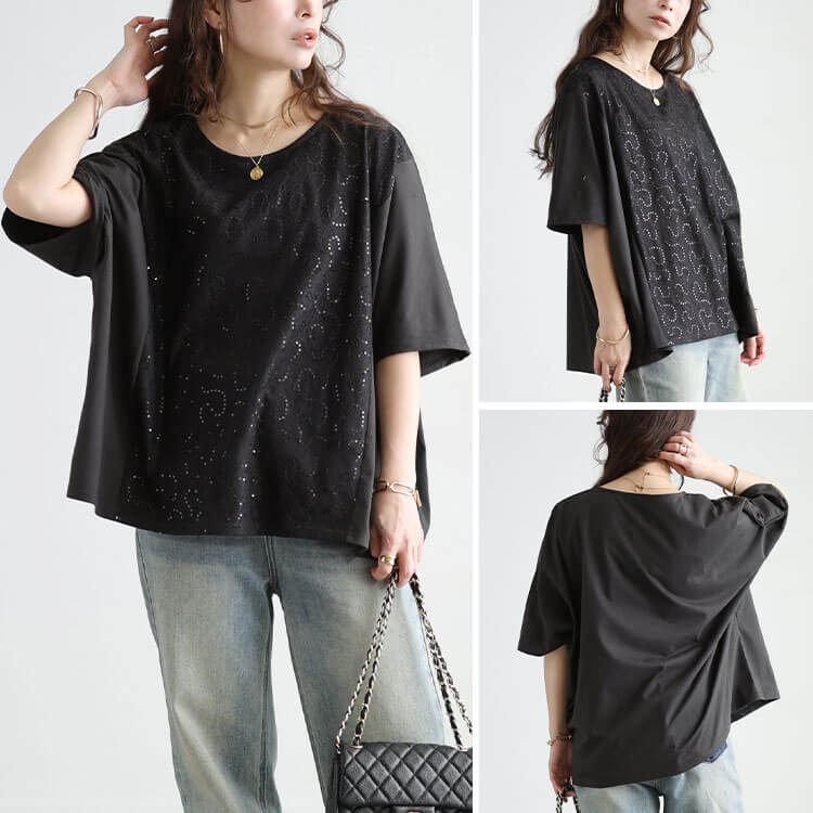 大きいサイズ レディース スパンコールレース切り替えプルオーバー