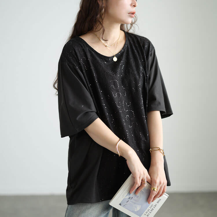 大きいサイズ レディース スパンコールレース切り替えプルオーバー