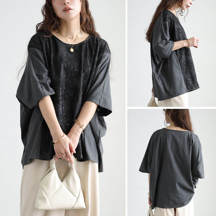 大きいサイズ レディース スパンコールレース切り替えプルオーバー