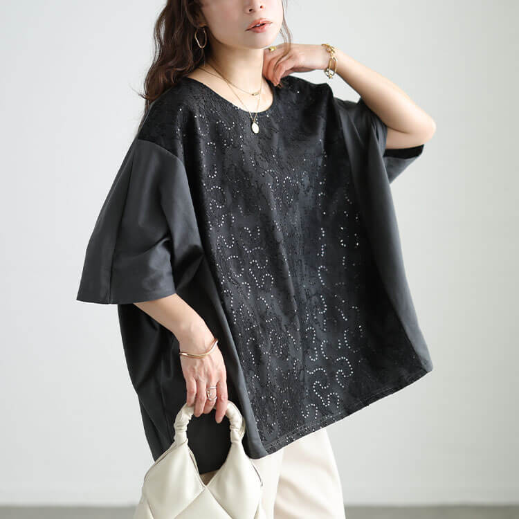 大きいサイズ レディース スパンコールレース切り替えプルオーバー