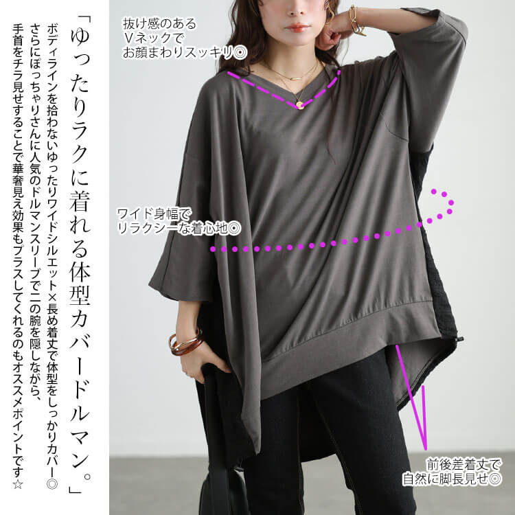 大きいサイズ レディース 後ろ異素材切り替えドルマンチュニック