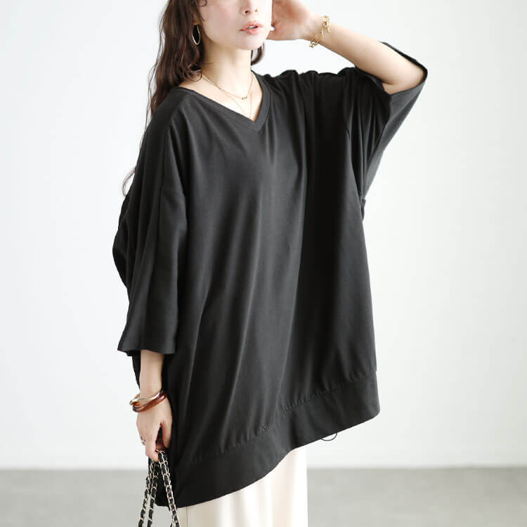大きいサイズ レディース 後ろ異素材切り替えドルマンチュニック