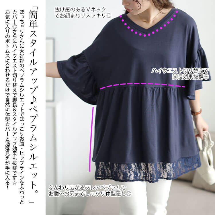 大きいサイズ レディース レースレイヤードペプラムチュニック