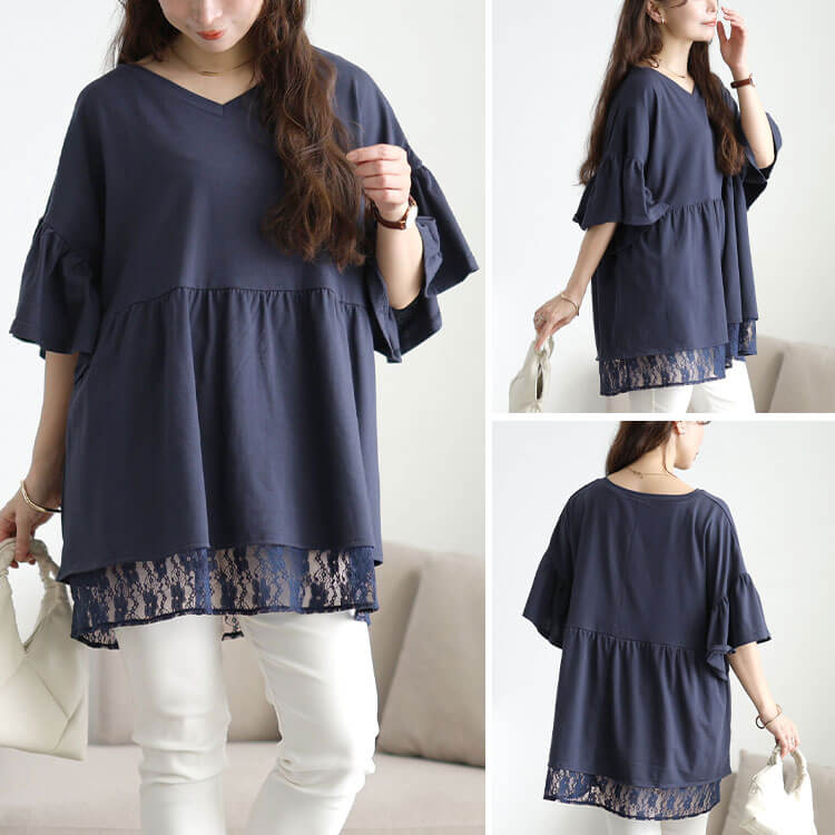 大きいサイズ レディース レースレイヤードペプラムチュニック