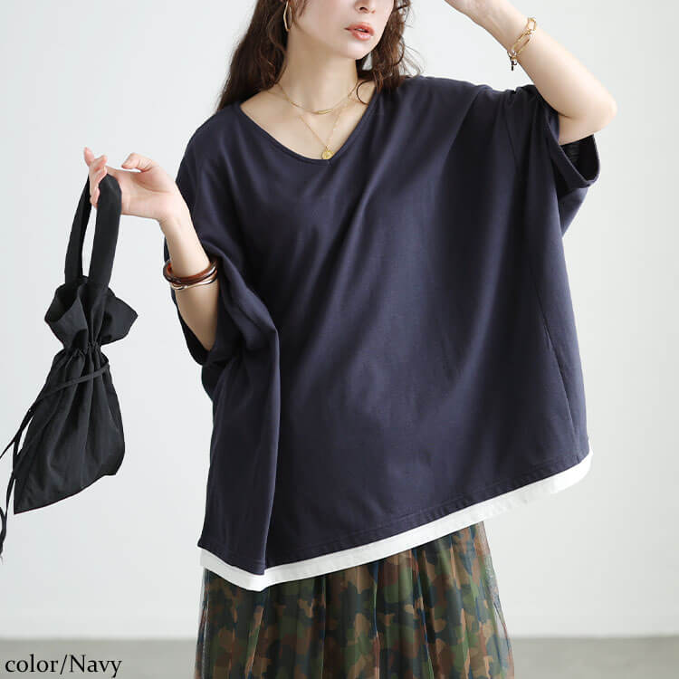 大きいサイズ レディース Vネックレイヤード風ドルマンプルオーバー