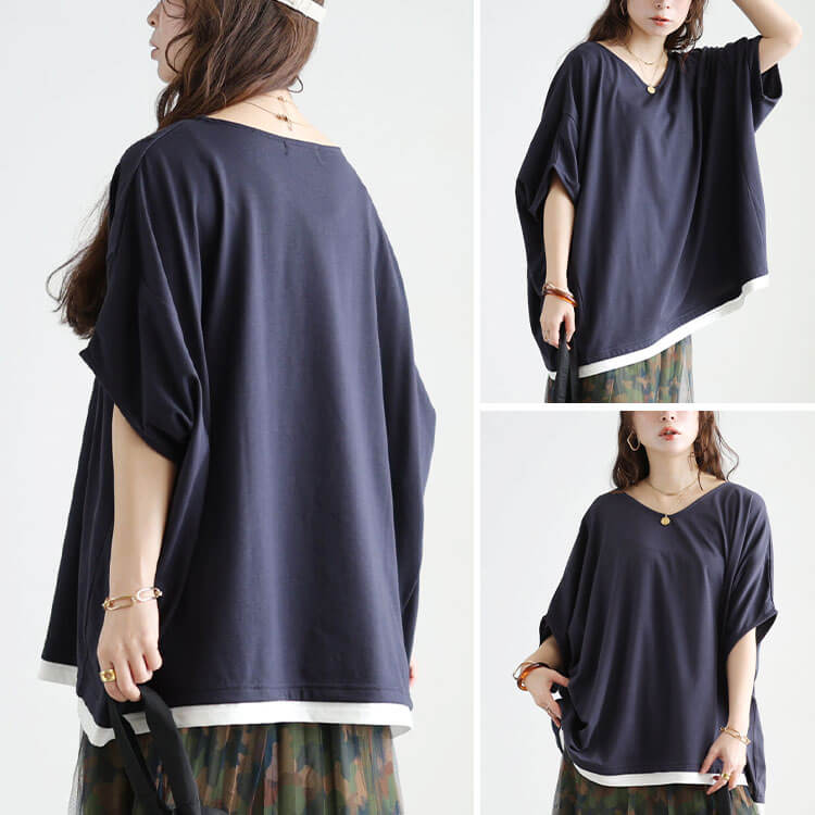 大きいサイズ レディース Vネックレイヤード風ドルマンプルオーバー