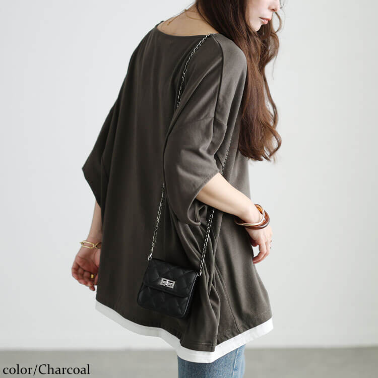 大きいサイズ レディース Vネックレイヤード風ドルマンプルオーバー