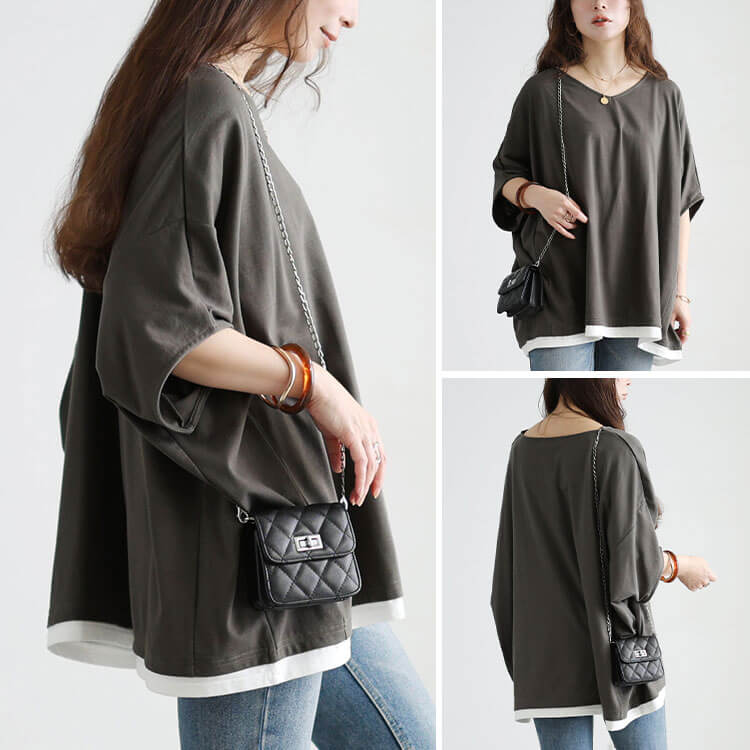 大きいサイズ レディース Vネックレイヤード風ドルマンプルオーバー