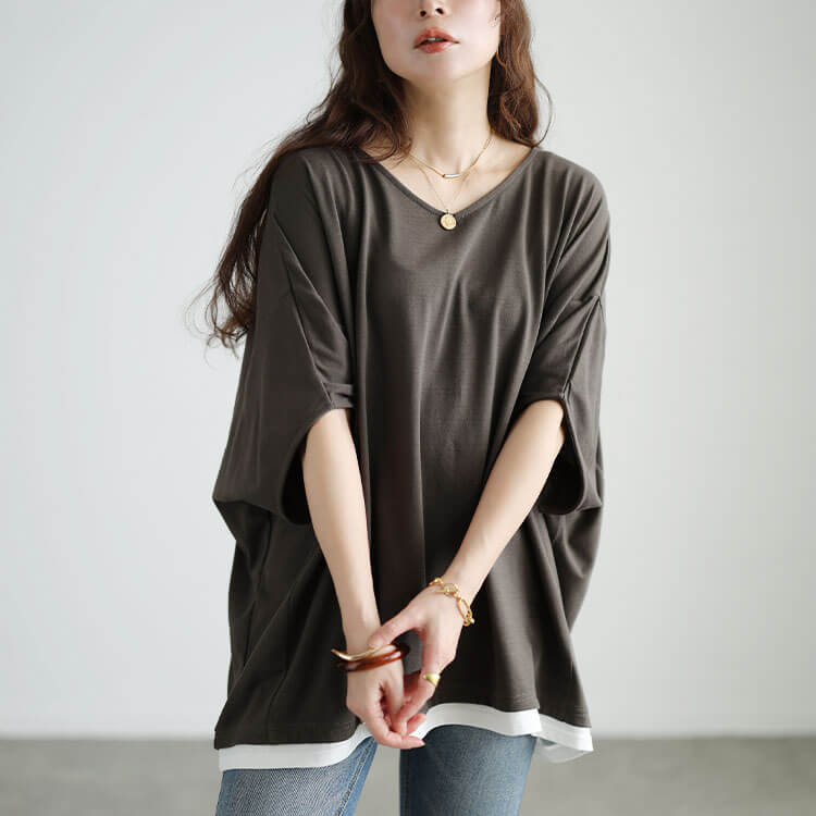 大きいサイズ レディース Vネックレイヤード風ドルマンプルオーバー