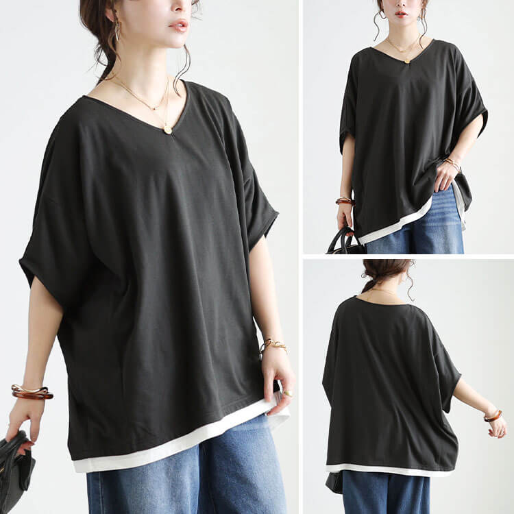 大きいサイズ レディース Vネックレイヤード風ドルマンプルオーバー