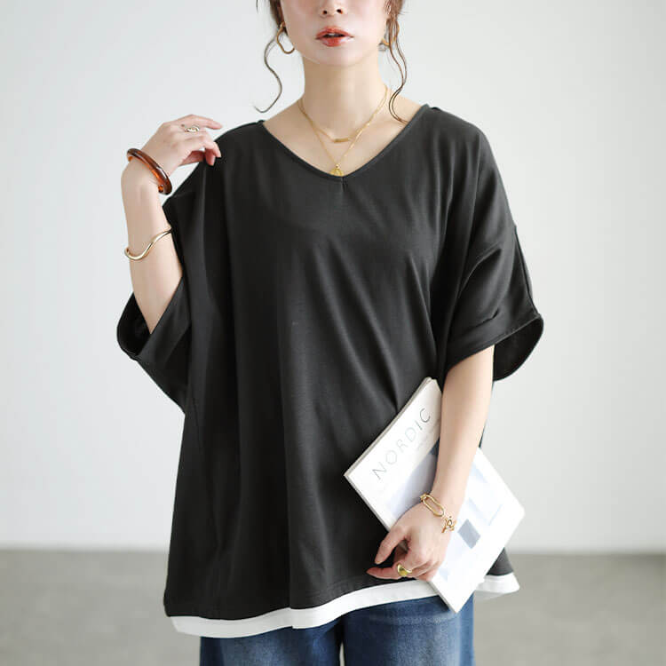 大きいサイズ レディース Vネックレイヤード風ドルマンプルオーバー