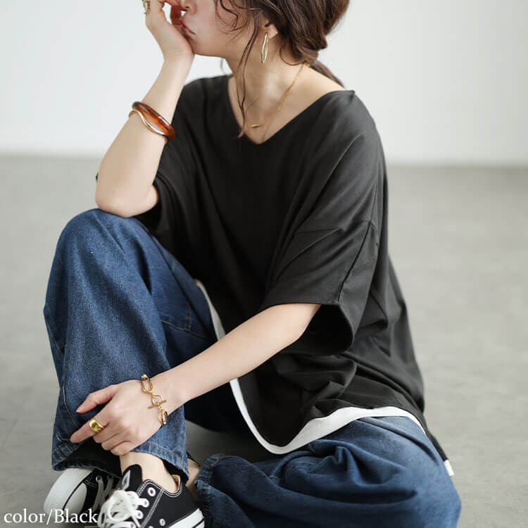 大きいサイズ レディース Vネックレイヤード風ドルマンプルオーバー ブラック