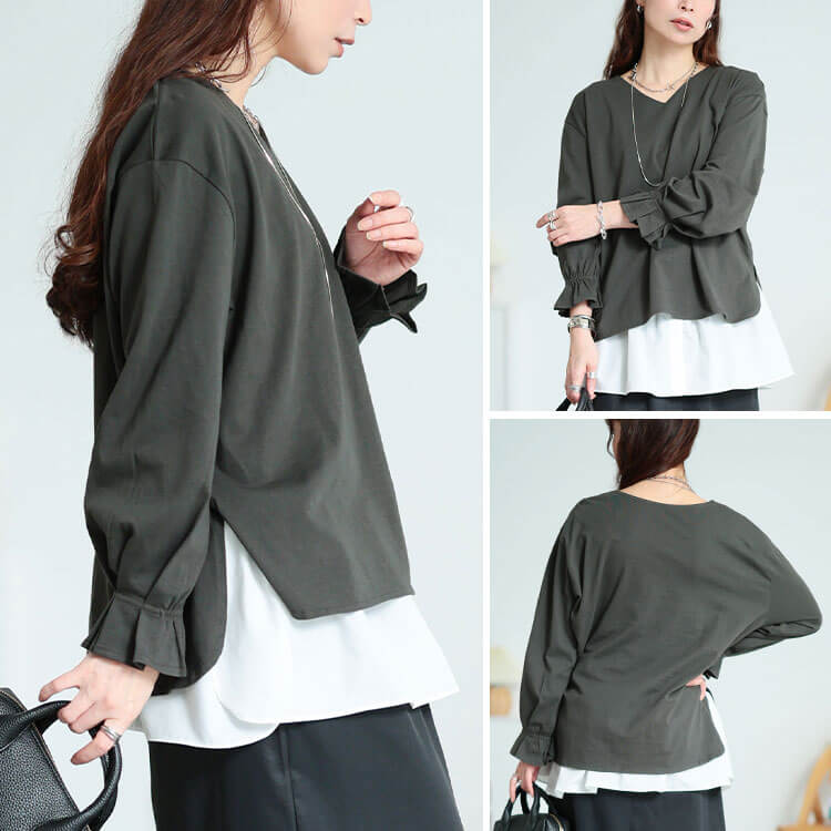 大きいサイズ レディース キャンディスリーブVネックコットンプルオーバー