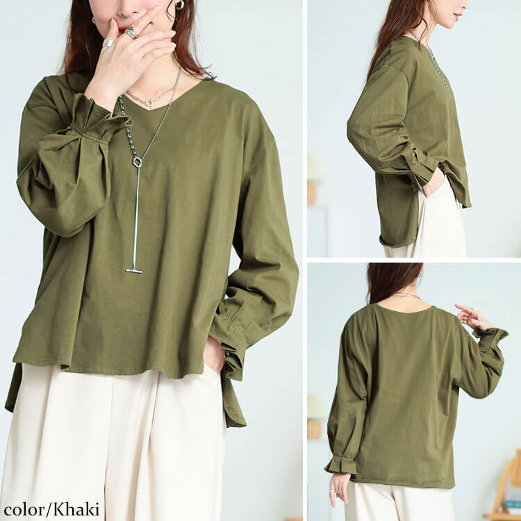 大きいサイズ レディース キャンディスリーブVネックコットンプルオーバー