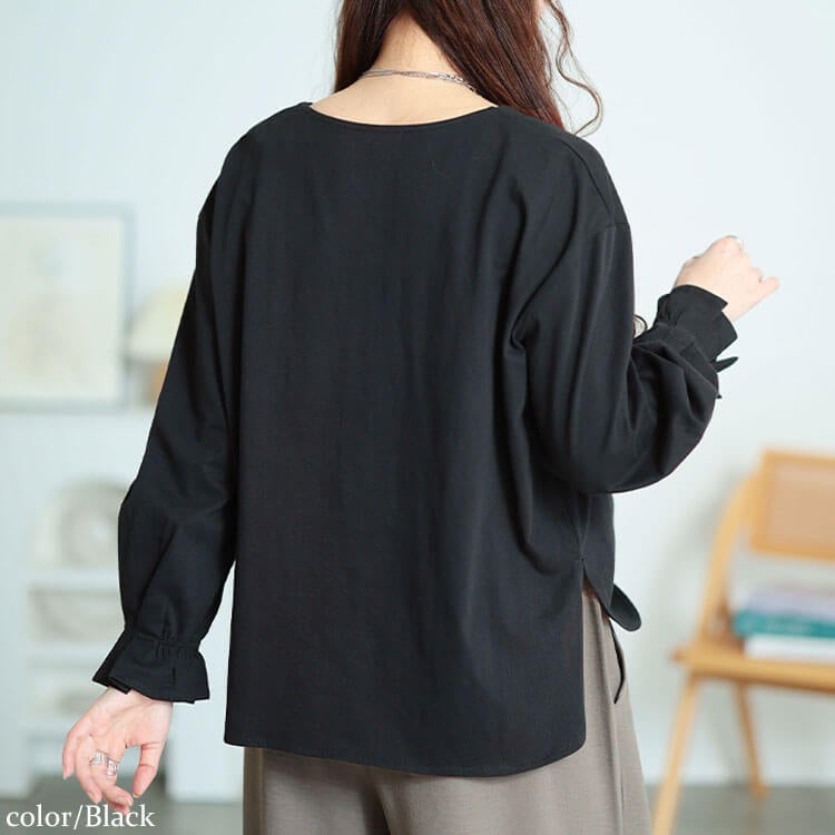 大きいサイズ レディース キャンディスリーブVネックコットンプルオーバー ブラック