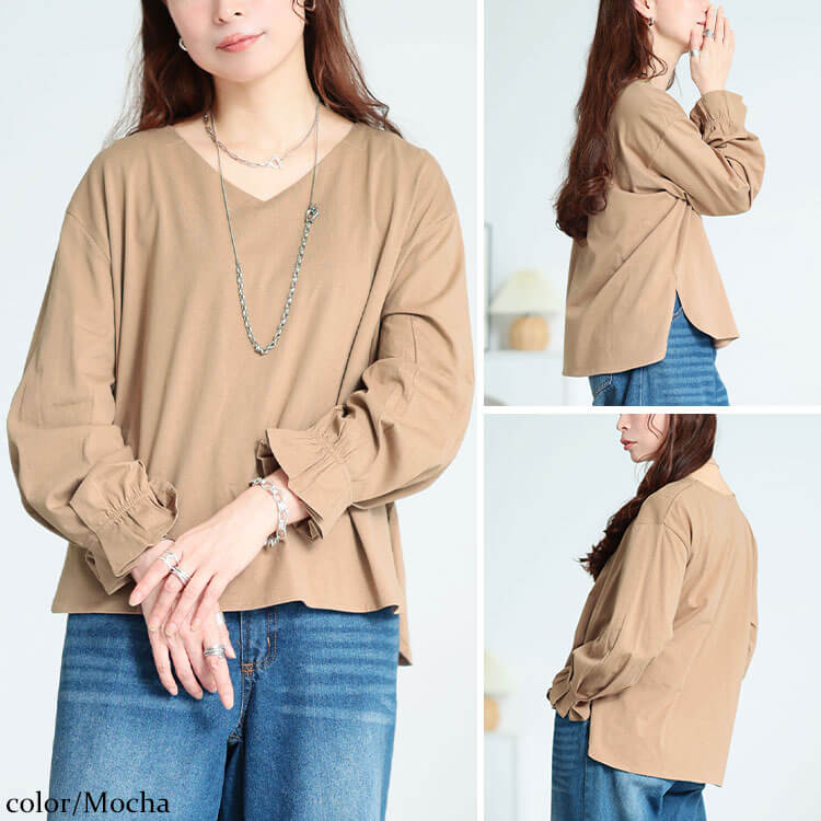 大きいサイズ レディース キャンディスリーブVネックコットンプルオーバー モカ