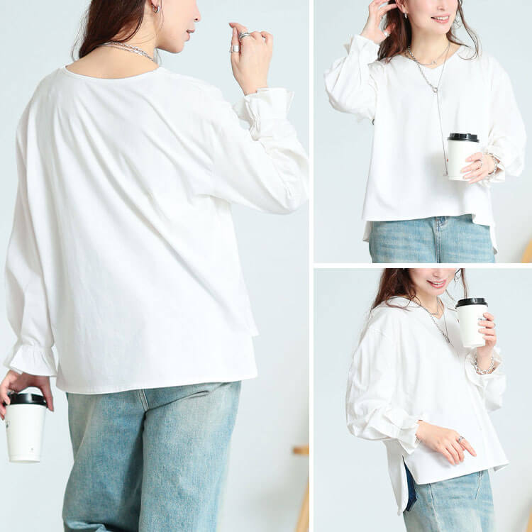 大きいサイズ レディース キャンディスリーブVネックコットンプルオーバー オフホワイト