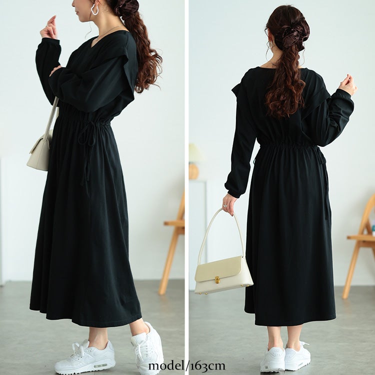 大きいサイズ レディース タックショルダーコットンワンピース