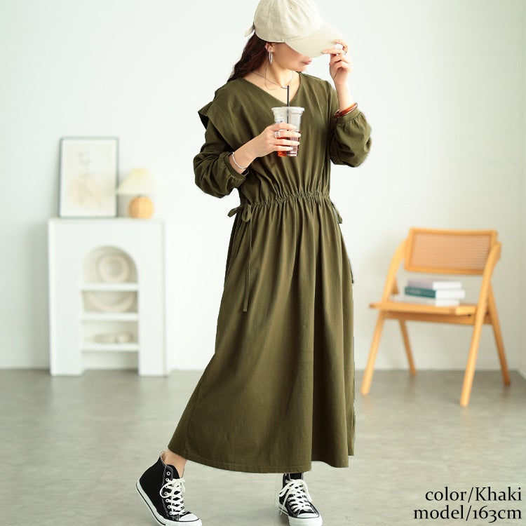 大きいサイズ レディース タックショルダーコットンワンピース