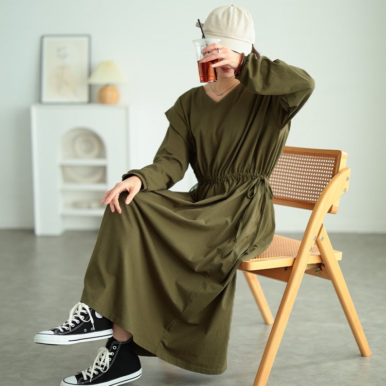 大きいサイズ レディース タックショルダーコットンワンピース