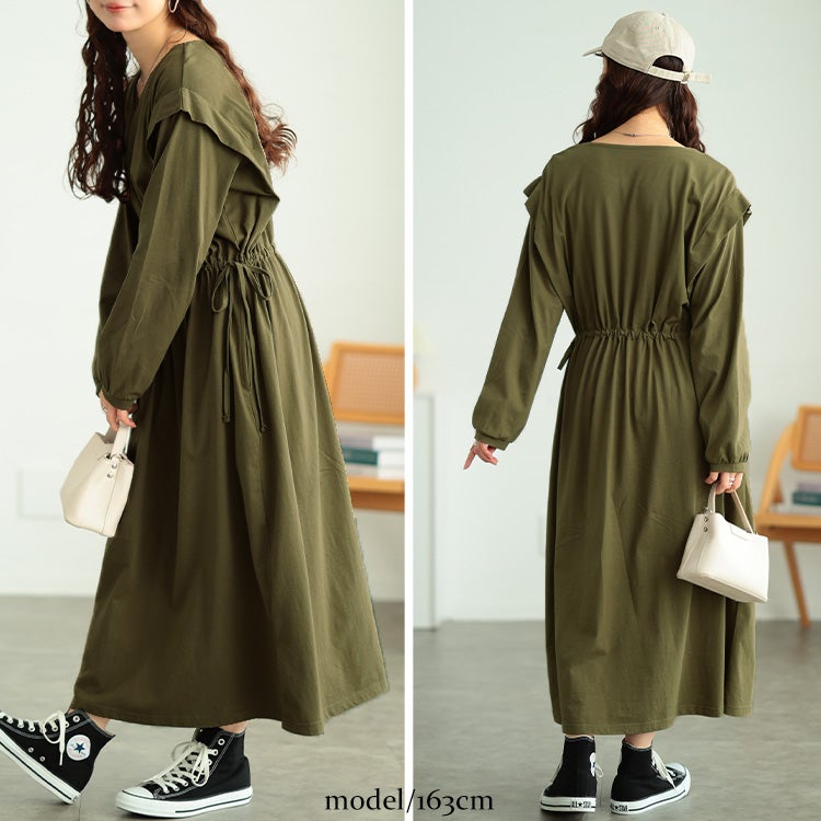 大きいサイズ レディース タックショルダーコットンワンピース