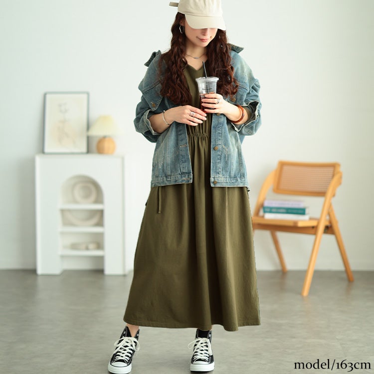 大きいサイズ レディース タックショルダーコットンワンピース