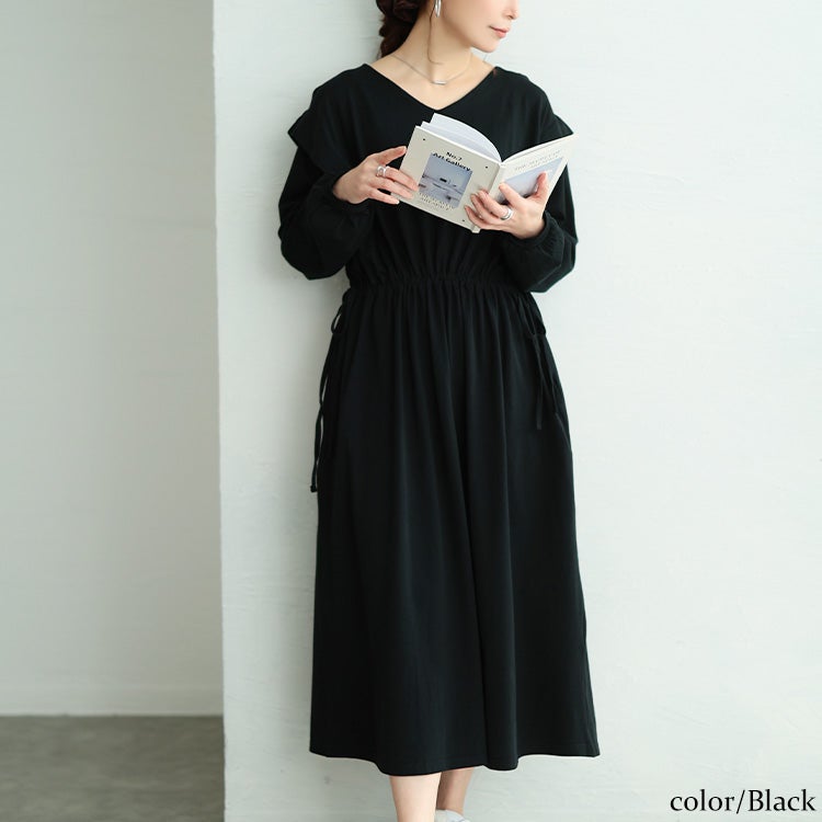 大きいサイズ レディース タックショルダーコットンワンピース ブラック