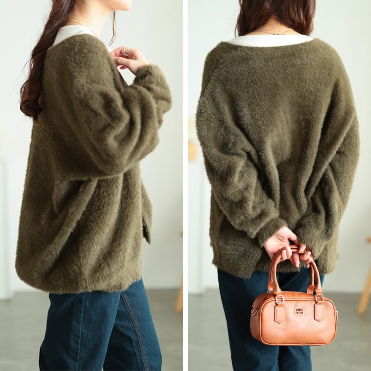 大きいサイズ レディース 深Vネックシャギーニットカーディガン