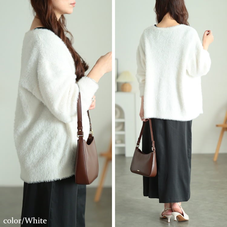 大きいサイズ レディース 深Vネックシャギーニットカーディガン