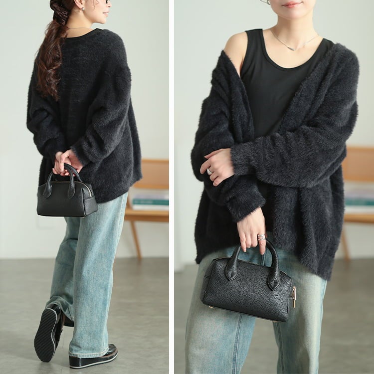 大きいサイズ レディース 深Vネックシャギーニットカーディガン