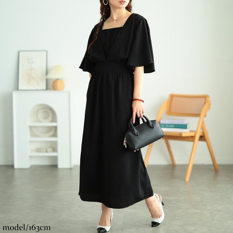 大きいサイズ レディース フレアスリーブカシュクールワンピース