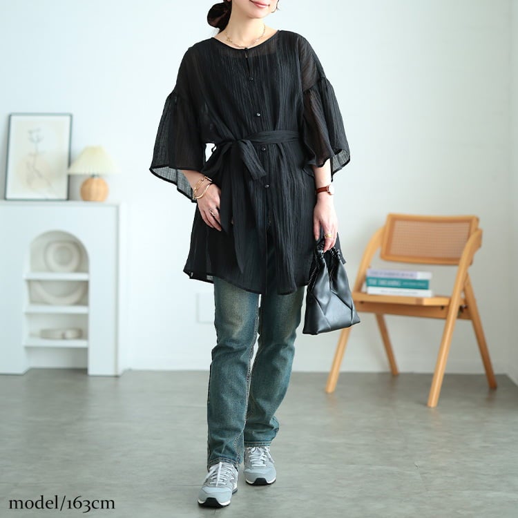 大きいサイズ レディース 楊柳フレアスリーブリボン付きカーディガン