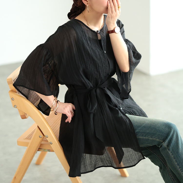 大きいサイズ レディース 楊柳フレアスリーブリボン付きカーディガン