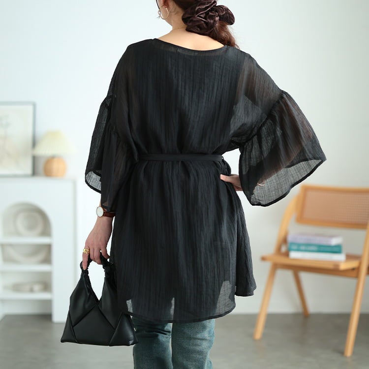 大きいサイズ レディース 楊柳フレアスリーブリボン付きカーディガン