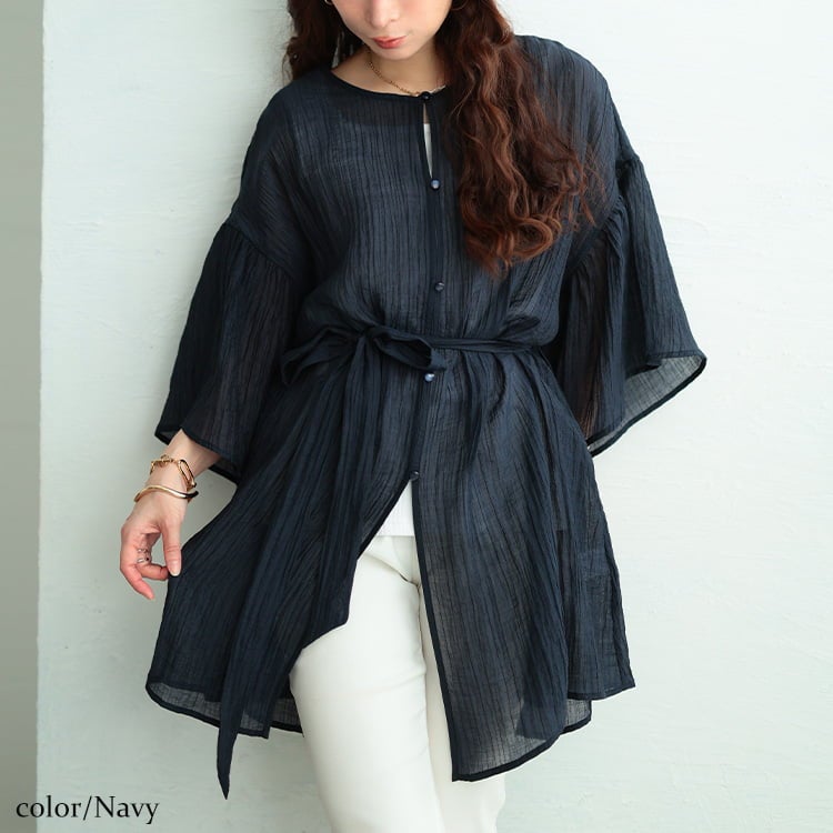 大きいサイズ レディース 楊柳フレアスリーブリボン付きカーディガン