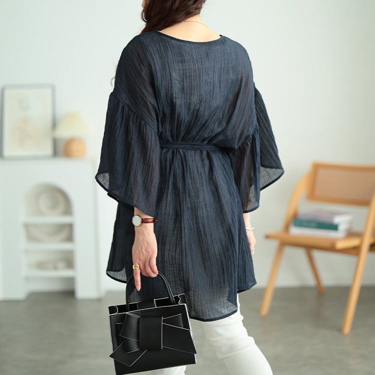 大きいサイズ レディース 楊柳フレアスリーブリボン付きカーディガン