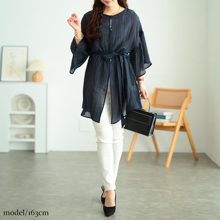 大きいサイズ レディース 楊柳フレアスリーブリボン付きカーディガン