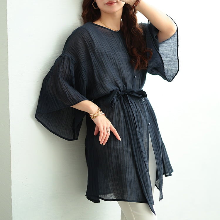 大きいサイズ レディース 楊柳フレアスリーブリボン付きカーディガン