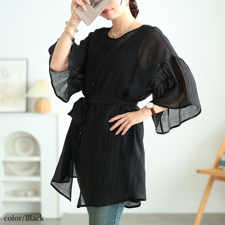 大きいサイズ レディース 楊柳フレアスリーブリボン付きカーディガン ブラック