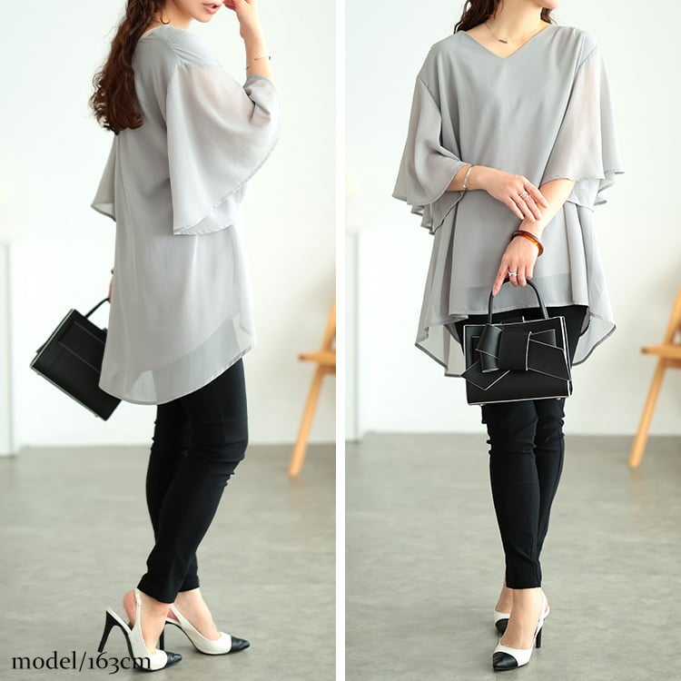 大きいサイズ レディース シフォンレイヤードフレアスリーブチュニック