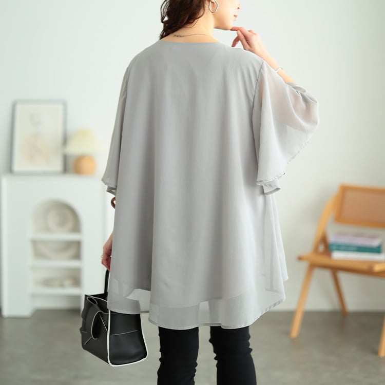 大きいサイズ レディース シフォンレイヤードフレアスリーブチュニック