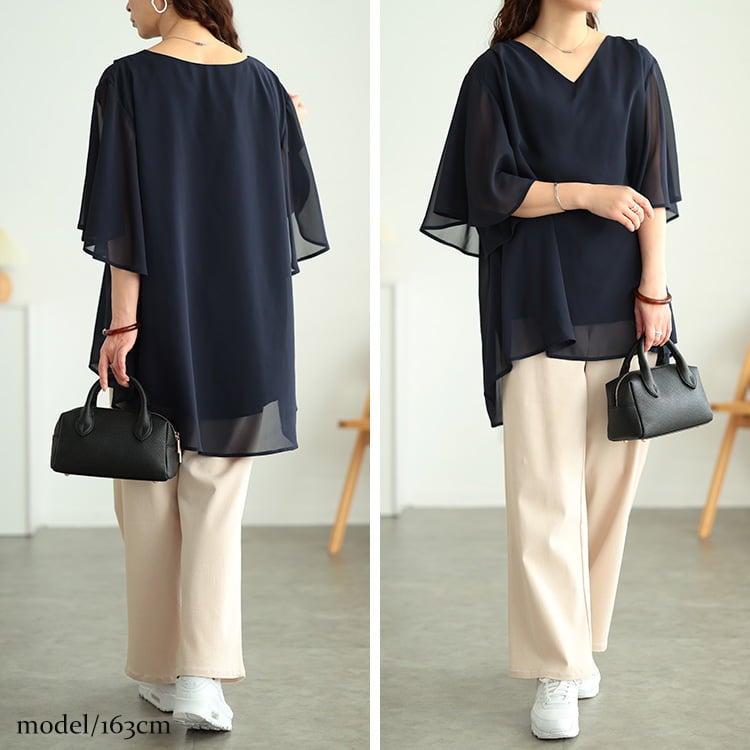 大きいサイズ レディース シフォンレイヤードフレアスリーブチュニック