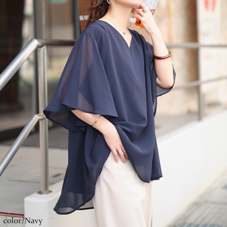 大きいサイズ レディース シフォンレイヤードフレアスリーブチュニック