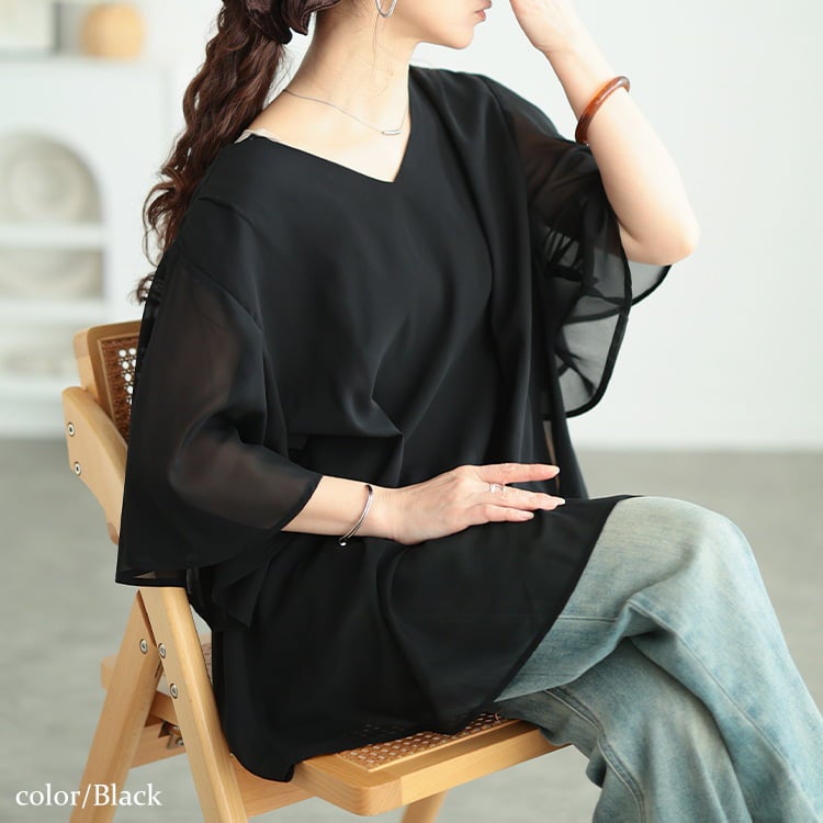 大きいサイズ レディース シフォンレイヤードフレアスリーブチュニック