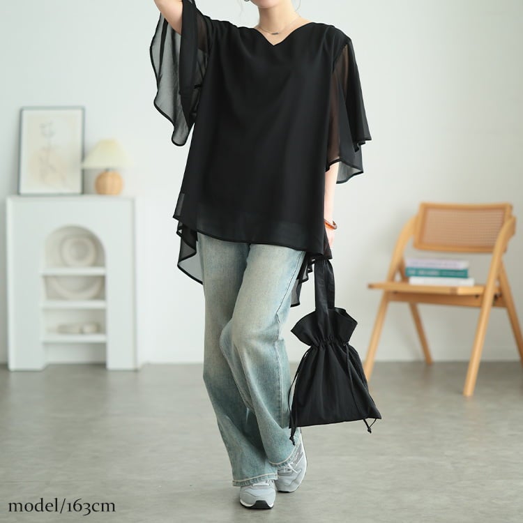 大きいサイズ レディース シフォンレイヤードフレアスリーブチュニック