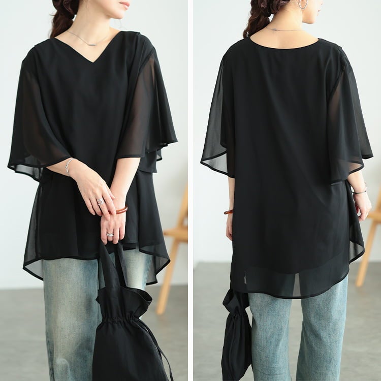 大きいサイズ レディース シフォンレイヤードフレアスリーブチュニック