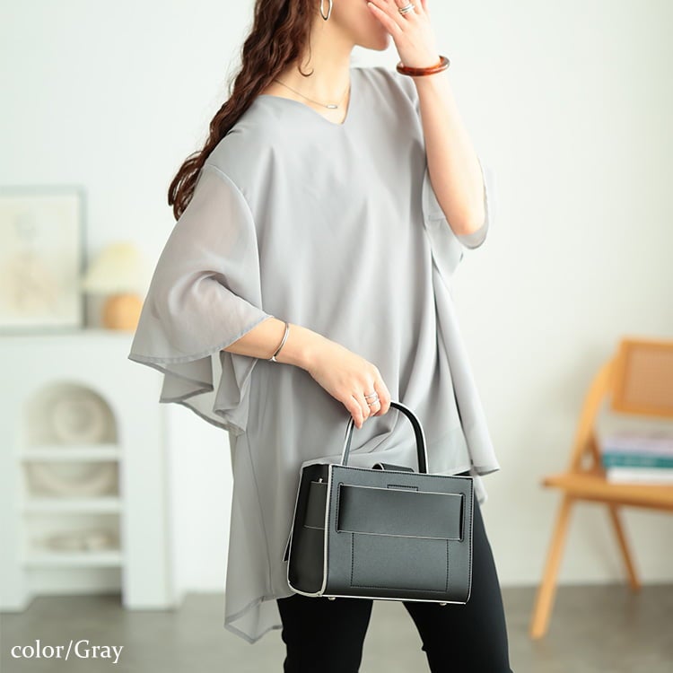 大きいサイズ レディース シフォンレイヤードフレアスリーブチュニック グレー