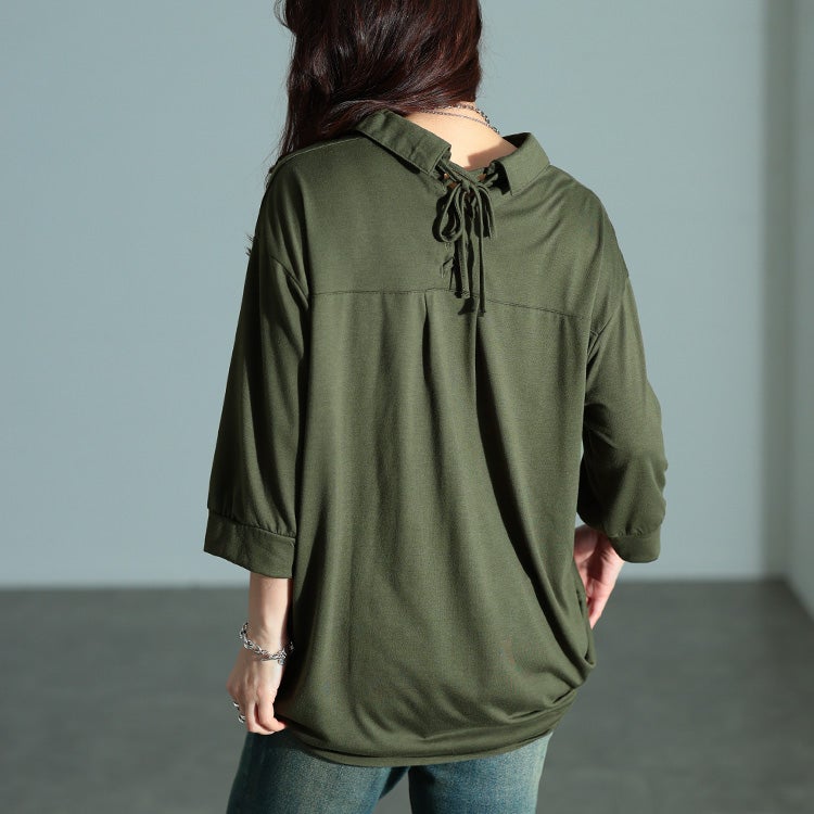 大きいサイズ レディース 後ろレースアップ裾タックプルオーバー