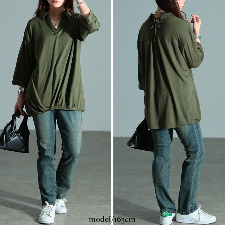 大きいサイズ レディース 後ろレースアップ裾タックプルオーバー