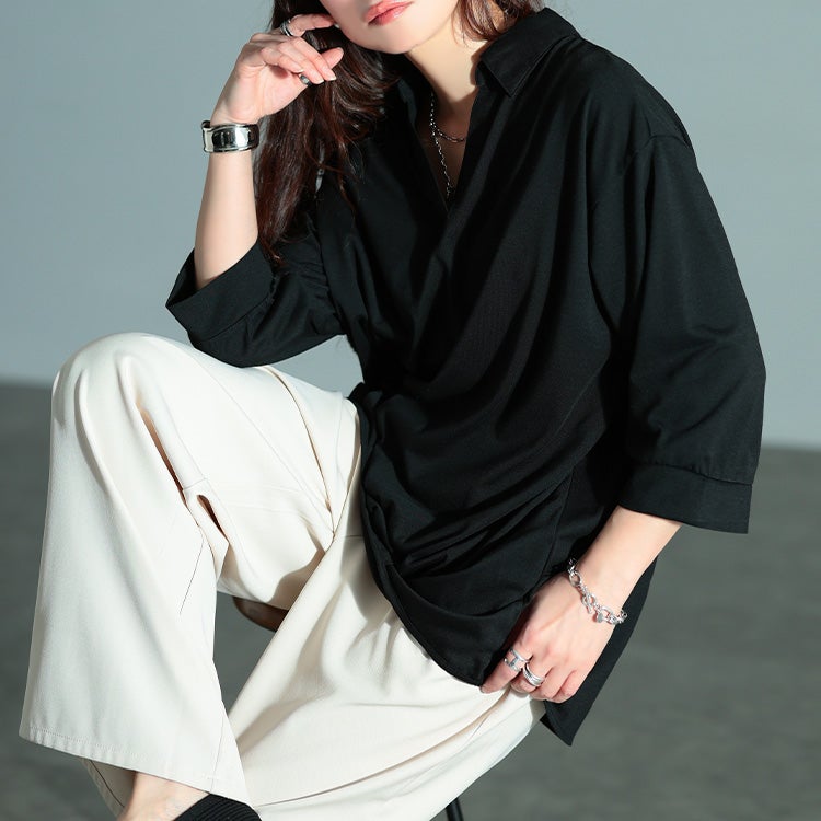 大きいサイズ レディース 後ろレースアップ裾タックプルオーバー